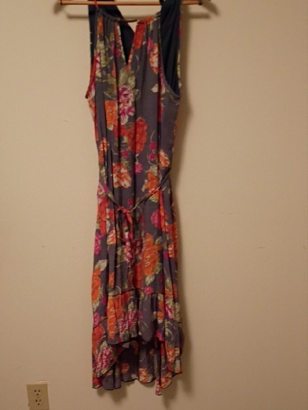 Mlle Gabrielle Gray Floral Sleeveless Tie-Waist Dress with Orange & Pink Blooms